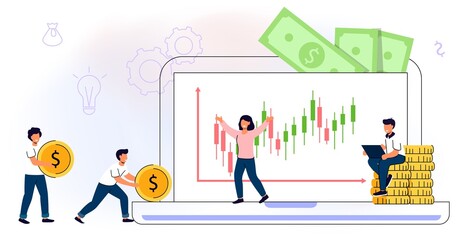 Invest in best idea Investment and analysis money cash profits metaphor Flat design tiny people and business concept for trading. Economical wealth revenue visualized as pile of cash vector illustrati