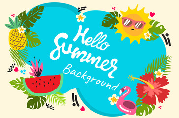 Fototapeta na wymiar blue background hello summer concepts art design watermelon sun pineapple flamingo