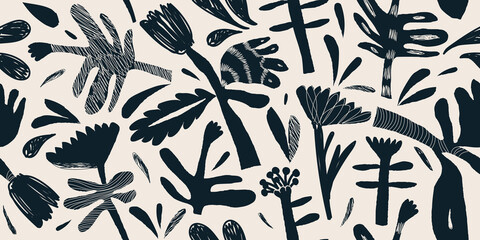 Hand drawn abstract trendy flowers pattern. Collage contemporary print. Fashionable template for design.