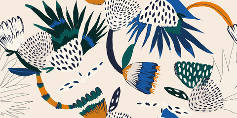 Fototapeta Modern abstract exotic floral pattern. Collage trendy seamless pattern. Hand drawn cartoon style illustration. obraz