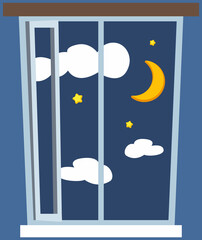 Night out window icon in cartoon style isolated on blue background. Night sky with stars, clouds and moon seen through window. Sleep and rest symbol stock vector illustration, midnight inside