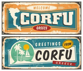 Corfu Greece retro greeting card template. Vintage sign souvenir idea for summer vacation destinations in Greece. Travel to Corfu vector illustration.