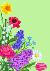 Background with spring flowers. Beautiful decorative bouquet of blooming plants.
