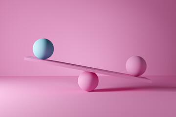 Blue and pink balls are imbalanced on a scale. Instability, inequality, injustice or disparity