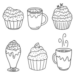 collection of drinks and cakes hand drawn doodle style