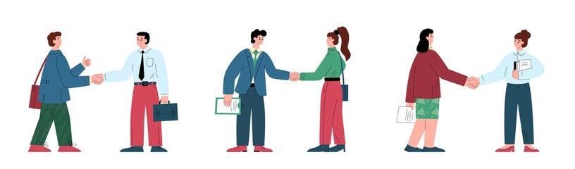 Hand shake agreement. Two people, women and men drawn in full body, shake hands to show respect and partnership. - obrazy, fototapety, plakaty