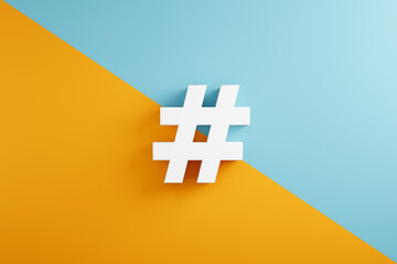 White hashtag symbol on blue and yellow background.