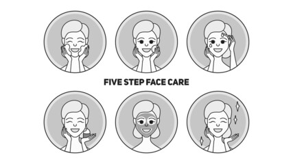 Set of korean five-step facial skin care system. A young girl is applying cosmetics to her skin. Modern innovative youth extension system.