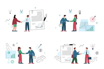 Hand shake agreement on signed contract, flat vector illustration set. Men and women handshake after business deal.