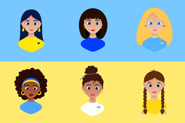 A set of girls from all over the world supporting Ukraine. In the colors of the Ukrainian flag. Blonde, brunette, brown hair, African American, Indian. Lovely Ukrainian girls