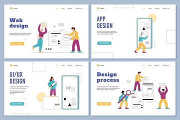 Obraz na płótnie Canvas Web and UI UX design process with abstract characters, landing pages set - flat vector illustration.