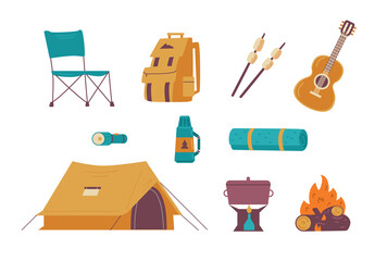 Camping and tourism equipment symbols set, flat vector illustration isolated.
