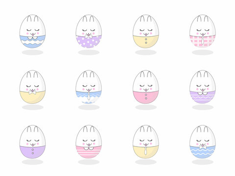 Collection of bunny easter egg element. Different pattern of cute rabbit, chick, heart shape for decorative egg. Adorable animal character design suitable for decoration, celebration, kids, element.