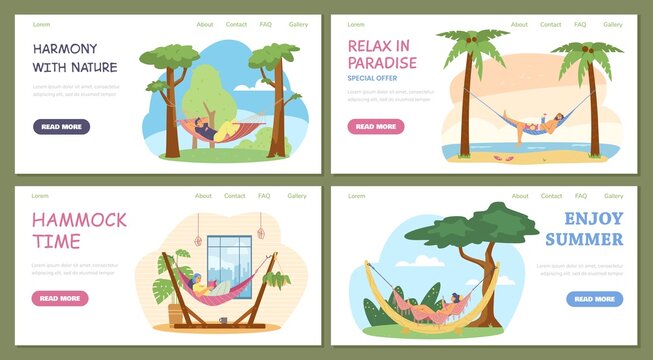 Person relax in hammock flat vector set. Man in hammock at the beach with cocktail and coconut palm trees.