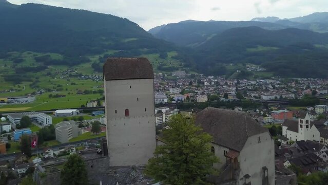 Aerial drone view over Sargans castle in Switzerland