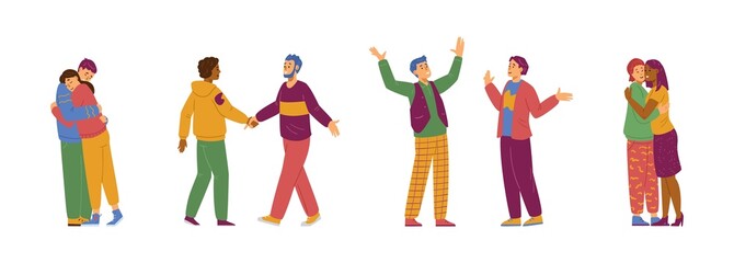 Friends hugs and greeting embraces set, flat vector illustration isolated.