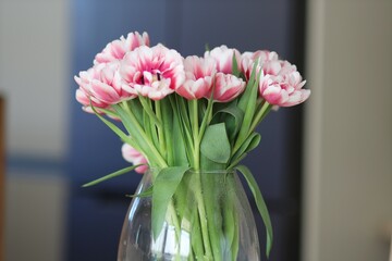 Różowe tulipany w szklanym wazonie 