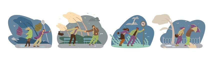 Storm weather vector illustration. People fight with strong wind, autumn rain weather. Tree is blown away.