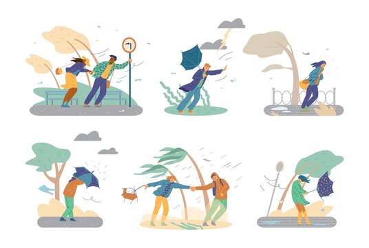 People struggle against storm and hurricane wind vector illustration. Thunderstorm fall weather, tree and palm tree.