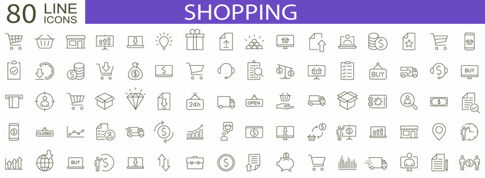 Shopping set of 80 icon. E-commerce icons set. Shopping. Online shopping icons. Vector illustration