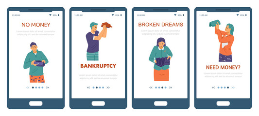 Bankruptcy mobile app kit with people holding empty wallets, vector illustration.