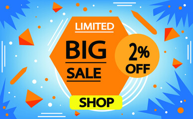 Fototapeta premium Sale discount banner in blue and orange. 2% off, advertising promotion banner. Creative background, graphic design elements. Special offer.