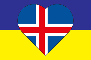 Heart painted in the colors of the flag of Iceland on the flag of Ukraine. Illustration of a heart with the national symbol of Iceland on a blue-yellow background.