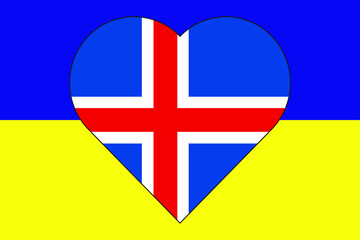 Heart painted in the colors of the flag of Iceland on the flag of Ukraine. Vector illustration of a heart with the national symbol of Iceland on a blue-yellow background.
