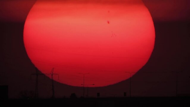 Big sun with sunspots photographed through a large focal telescope.