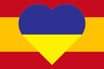 A heart painted in the colors of the flag of Ukraine on the flag of Spain. Illustration of a blue and yellow heart on the national symbol.