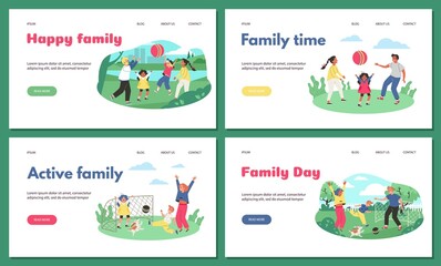 Website mockups set with active sports families, flat vector illustration.