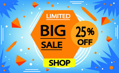 Sale discount banner in blue and orange. 25% off, advertising promotion banner. Creative background, graphic design elements. Special offer.