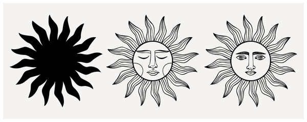A set of esoteric symbols of sun. Alchemical or mystical magic elements for tarot cards, banners, posters, brochures, stickers. Esoteric astrological symbols. Line art drawing and silhouette