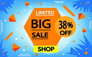 Sale discount banner in blue and orange. 38% off, advertising promotion banner. Creative background, graphic design elements. Special offer.