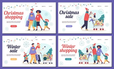 Christmas winter sale websites set with parents and kids, vector illustration.