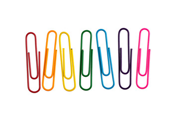 Multicolored Plastic Stationery Paper Clips Isolated on a White Background