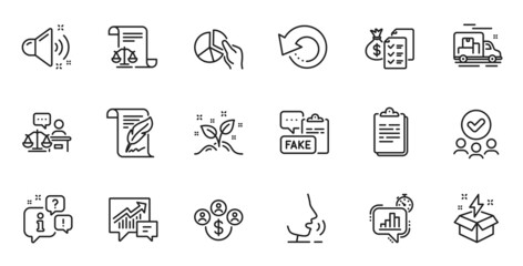Outline set of Statistics timer, Buying currency and Creative idea line icons for web application. Talk, information, delivery truck outline icon. Vector