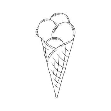 Beautiful vector hand drawn waffle cone with ice cream Illustration. Detailed retro style image. Vintage sketch element for labels, packaging and cards design. Modern background.