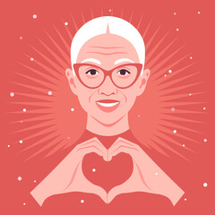 Happy elderly woman making a heart sign with her hands. Love gesture. Portrait of a loving grandmother. Valentine’s day postcard. Vector flat illustration.