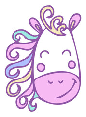 Cute unicorn head icon with colorful mane.Cartoon style vector illustration of smiling unicorn isolated on white background..Suitable for nursery and post card design and svg for cricut