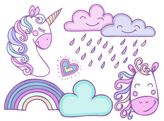 Obraz na płótnie Canvas Cute unicorn head clip art with colorful mane.Cartoon style vector illustration of rainbow; clouds; heart isolated on white background.; Suitable for nursery and post card design and svg for cricut