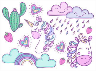 Cute unicorn heads clip art with colorful mane.Cartoon style vector illustration of cactus, rainbow; clouds; heart.Suitable for nursery design and post card design and svg for cricut