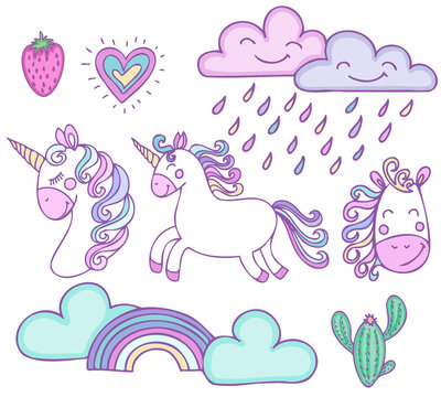 Cute unicorn clip art with colorful mane.Cartoon style vector illustration of rainbow, clouds,cactus, heart isolated on white background..Suitable for nursery and post card design and svg for cricut