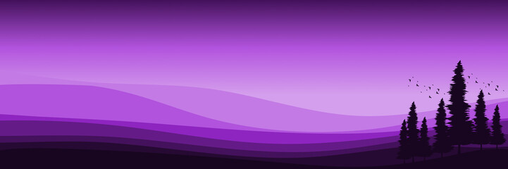 mountain landscape with tree and bird silhouette flat design vector illustration good for wallpaper, background, backdrop, banner, desktop wallpaper, tourism design, and design template