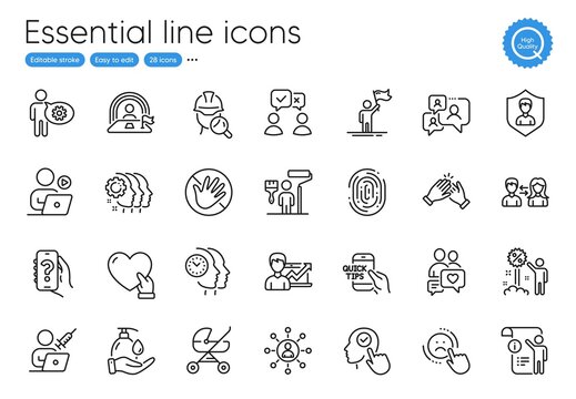 Vaccination appointment, Dating chat and Lgbt line icons. Collection of Cogwheel, Discount, Dislike icons. Wash hands, Networking, Employees teamwork web elements. Fingerprint. Vector