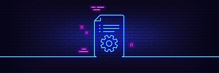 Neon light glow effect. Technical documentation line icon. Instruction sign. 3d line neon glow icon. Brick wall banner. Technical documentation outline. Vector