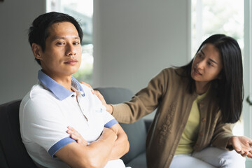 Fototapeta premium family relationship problems. anger wife and argue with husband at home.