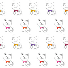 Cute cat characters on white background seamless pattern. Vector illustration for background, baby room wallpaper, wrapping paper and fabric.