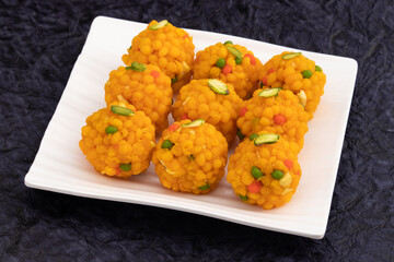 Jodhpuri Bundi Laddu Also Called Tiranga Boondi Ladoo Mithai Is Made Of Besan Sooji Suji Desi Ghee Is Enjoyed On Deepawali, Dussehra, Rakshabandhan, Rakhi, Vinayaka Ganesh Chaturthi and Janmasthami