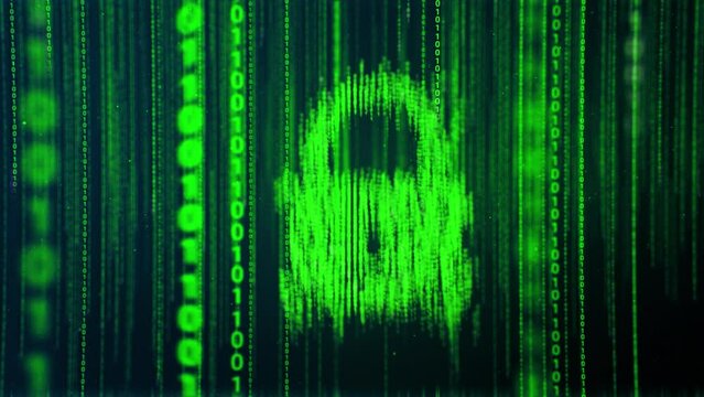 Green Binary Code,Matrix Code, Falling Digital Symbols With Padlock Icon